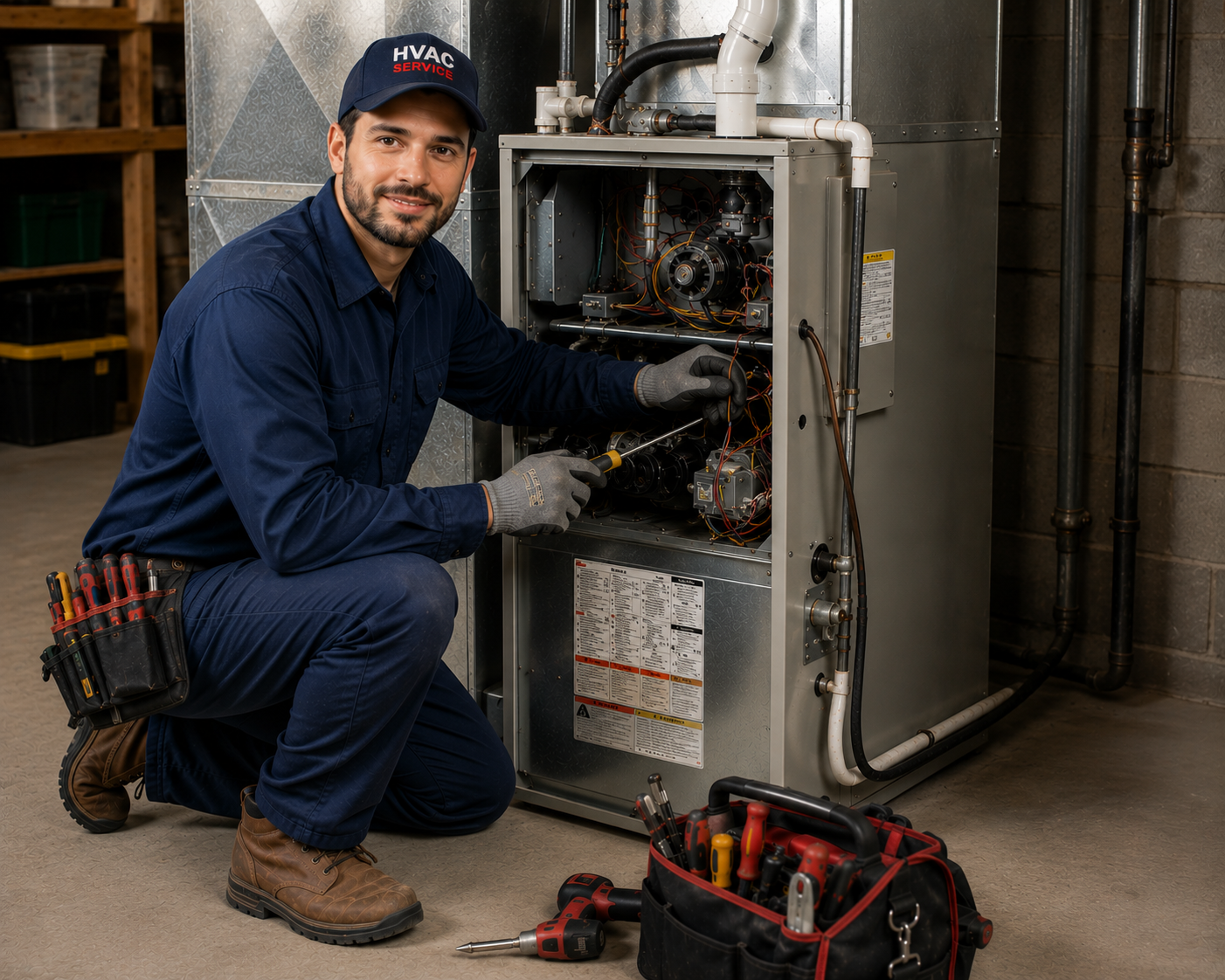 HVAC technician repairing a high-efficiency furnace in a basement utility room