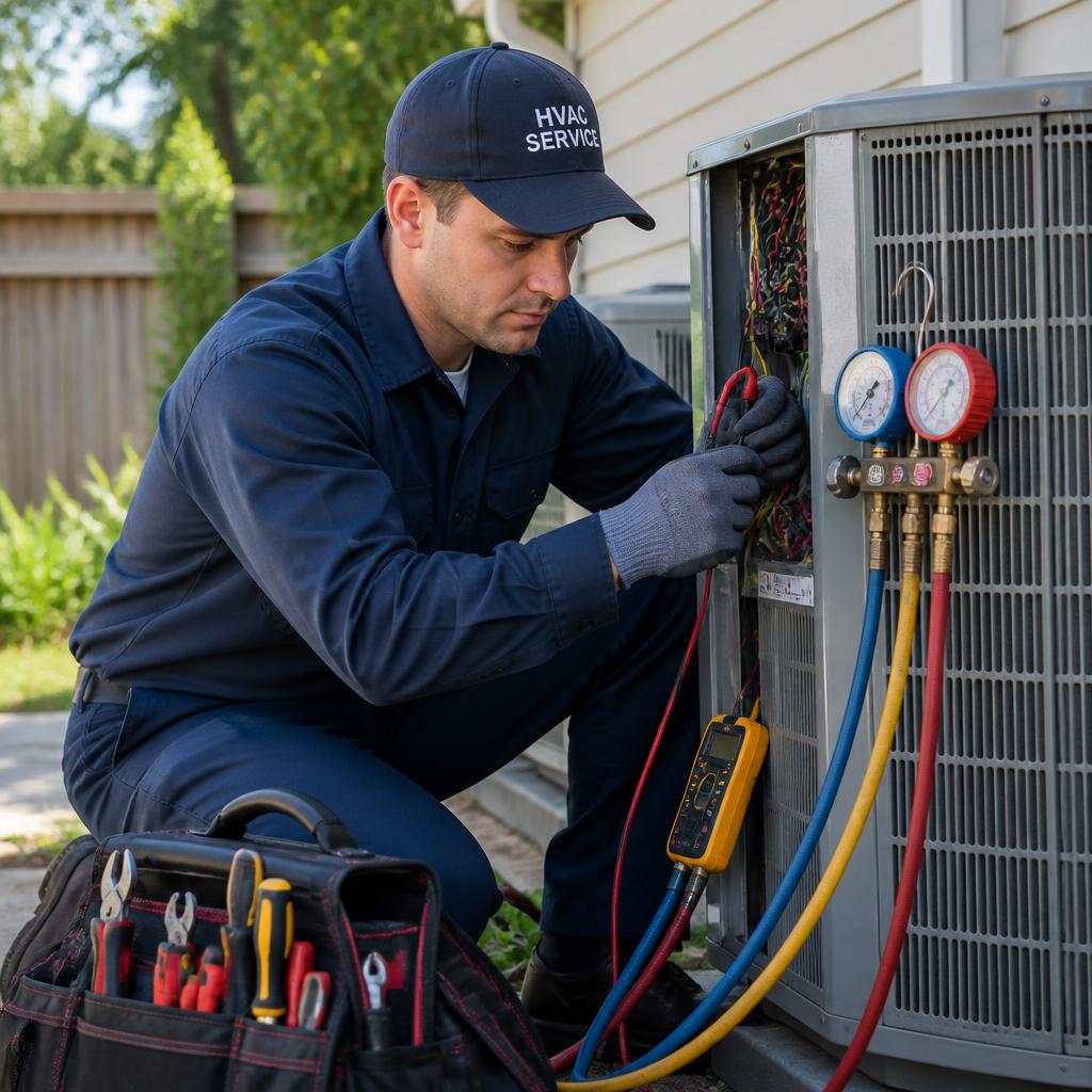 HVAC technician servicing an outdoor residential air conditioner condenser